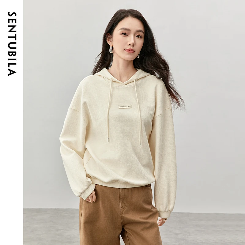 

SENTUBILA Embroidery Cotton Hoodies for Women 2024 Winter Loose Fit Long Sleeve Solid Warm Knitted Women Pullovers 144A57341