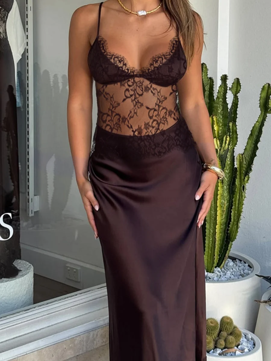 ชุดเดรสสายเดี่ยวลูกไม้เซ็กซี่สำหรับผู้หญิง ซีทรู ดีไซน์หรูหรา แขนกุด ยาวแบบแม็กซี่ เหมาะสำหรับวันหยุดพักผ่อน งานปาร์ตี้ แฟชั่นสำหรับสุภาพสตรี