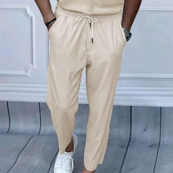 Daily Leisure Solid Color Ribbed Pants Men Streetwear Spring Summer Casual Loose Straight Pants Fashion Mens Drawstring Trousers