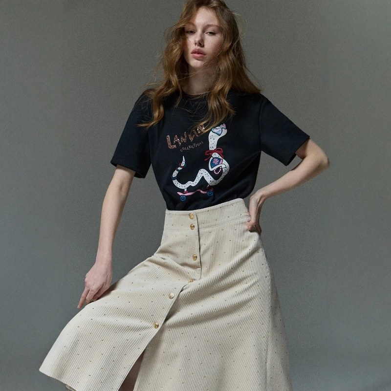 

Ele High Waist Midi A-Line Skirt Women's Heavy Embroidery Velvet f Skirt Spring 2025 Pure Color Polyester Fiber