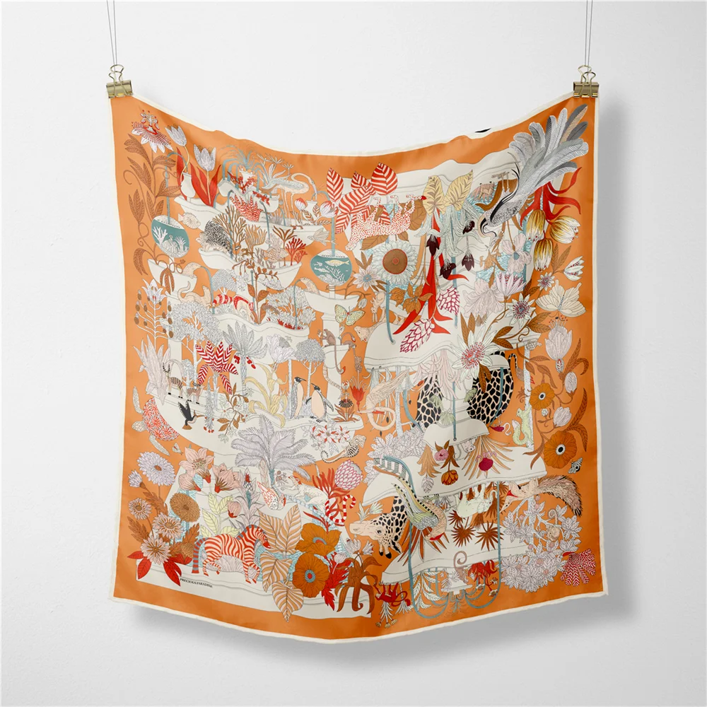 53cm Luxury Twill Silk Scarf Woman Water City Print Square Scarves Bandana Small Hijabs Foulards Lady Tie Headband Neckerchief