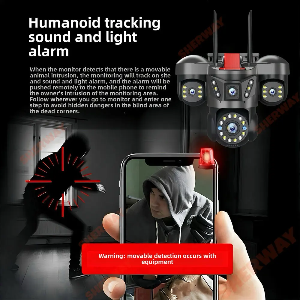 كاميرا واي فاي لأمن المنزل بدقة 20 ميجابكسل و4 عدسات خارجية 10K لاسلكية 4 شاشة تكبير 16X PTZ 360 °   كاميرات المراقبة كشف الحركة التلقائية