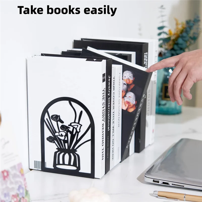 3 Pairs Metal Bookends, Flower Book Ends For Shelves Decorative, Book Stopper For Heavy Books, For Home Office