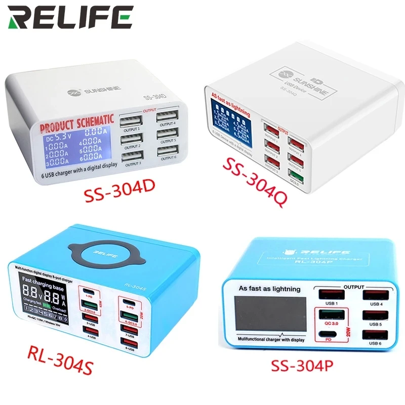 RELIFE RL-304P/304R SS-304D/304Q Smart 6 Port USB Digital Display Lightning For iPhone Samsung Huawei MI Vivo Opop Flat