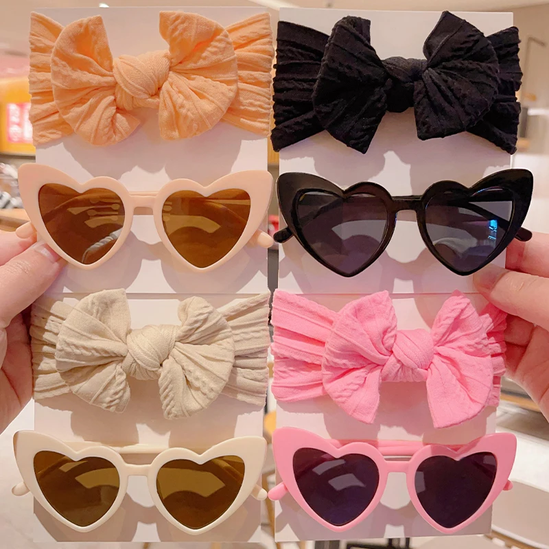 2 Pcs/Set New Children Cute Colors Soft Bowknot Wide Hairbands Fashion Special Heart Sunglasses UV400 Set Kids Hair Accessories
