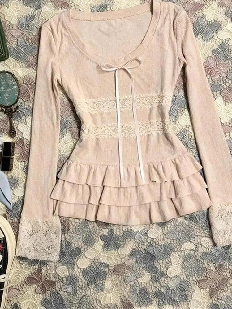 Pure Desire Lace Splice Long Sve T-irt Women's Autumn Sweet Waist Cinching Slimming Base Layer irt Top