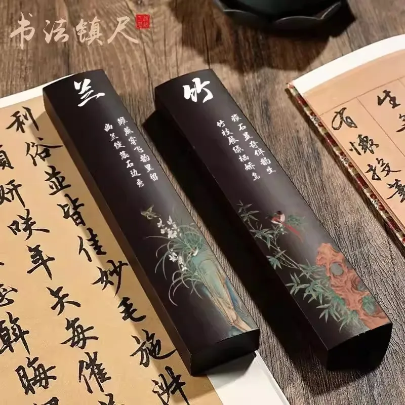 1 Pair Solid Wood Chinese Style Paperweight with Flower Design Calligraphy Painting Weight for Desk Art Supplies