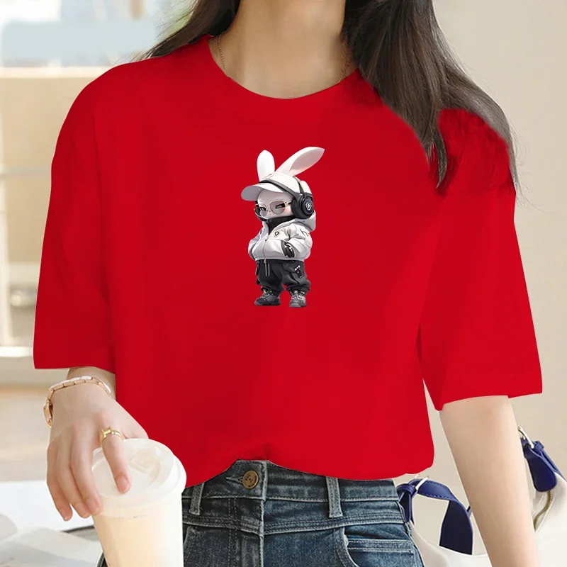 Y2K Printed Women T Shirt Women Headphones Bunny 90's Harajuku Cute Fashion Graphic O Collar Cartoon  Short Sleeve Summer Shirt