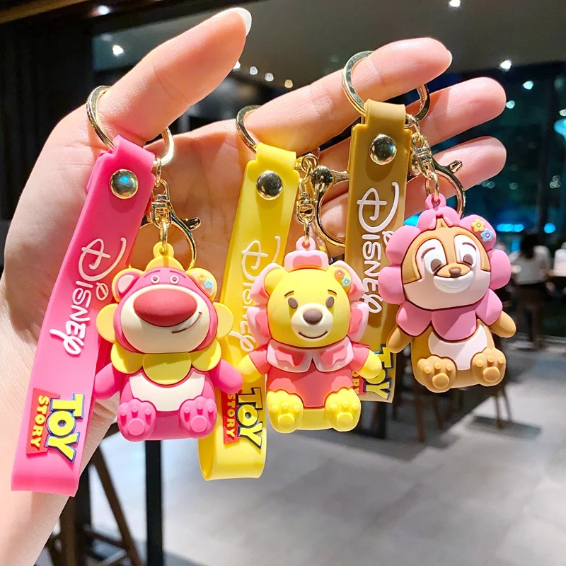 

MINISO Cute Disney Strawberry Bear Pooh Bear squirrel Keychain Cartoon Minnie Keyring Hanging Couples Bag Pendant Small Gift