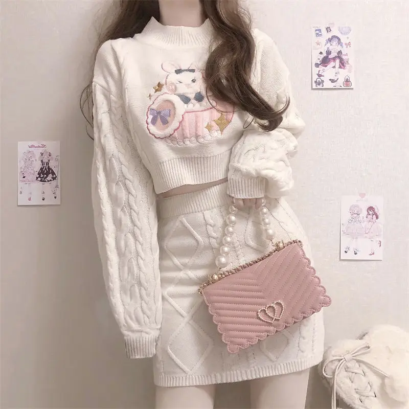 Spring and Autumn Women's New Lolita Knitted Top Long Sleeve Fried Dough Twists Printed Sweater Versatile Fashion Skirt Suit