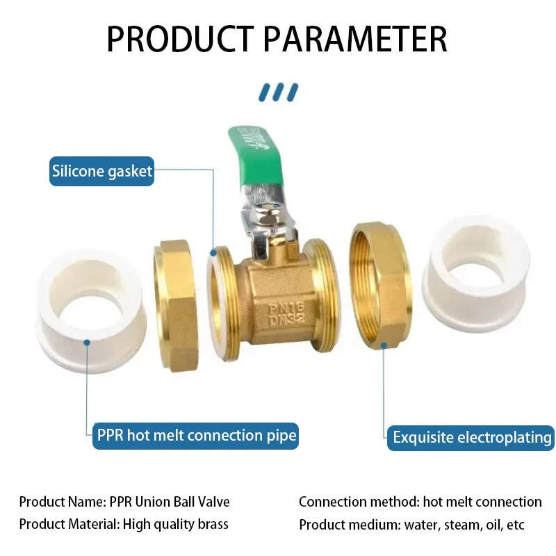 PPR الاتحاد النحاس الكرة صمام ، رئيس مزدوج ، الداخلية والخارجية الخيوط صمام التبديل ، أنابيب المياه الملحقات ، 20 مللي متر-63 مللي متر