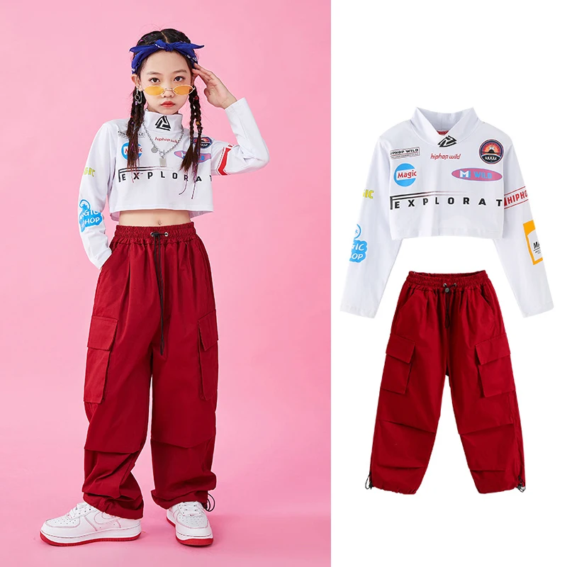 

Kpop Clothing For Girls Hip Hop Dance Outfit Streetwear Long Sleeve Tops Red Cargo Pants Street Jazz Dance Stage Costume YS4482
