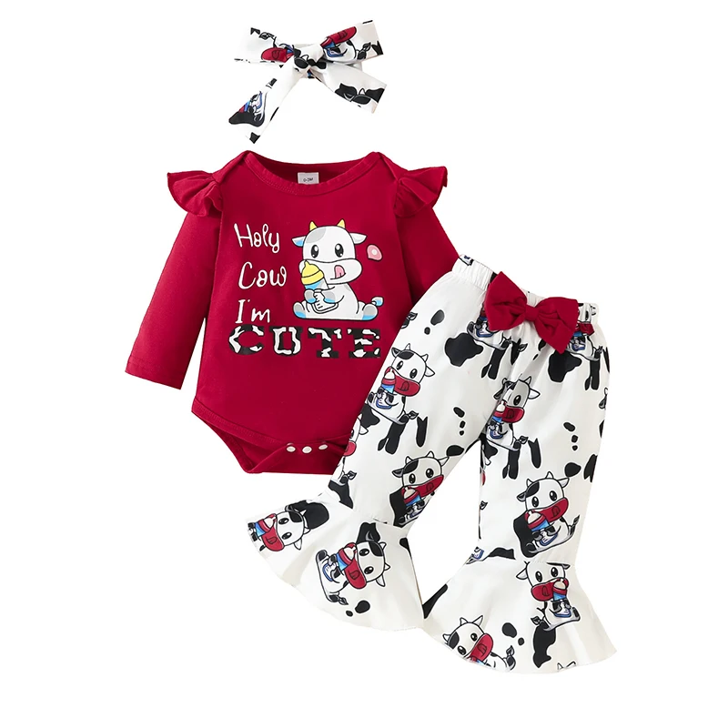 

0-18 Months Baby Girl Clothes 3PCS Outfits Cute Cow Letter Tops Long Sleeves Onesies Flared Pants with Hairband Infant Baby Set