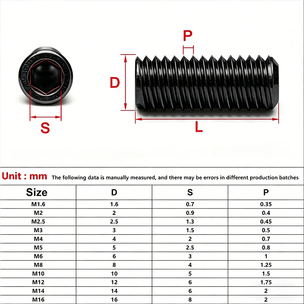 M1.6 M2 M2.5 M3 M4 M5 M6 M8 M10 M12 M14 M16 Black Grade 12.9 Steel Allen Head Hex Hexagon Socket Flat Point Set Screw Grub Bolt