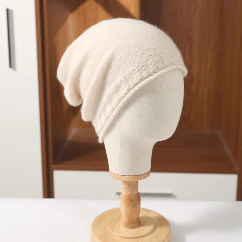 100 % Merinowolle für Damen, gestrickt, Herbst und Winter, warm, weich, Pullover, gerollter Rand, Hut, koreanische Mode, Sport, lässig, Totenkopf-Hut