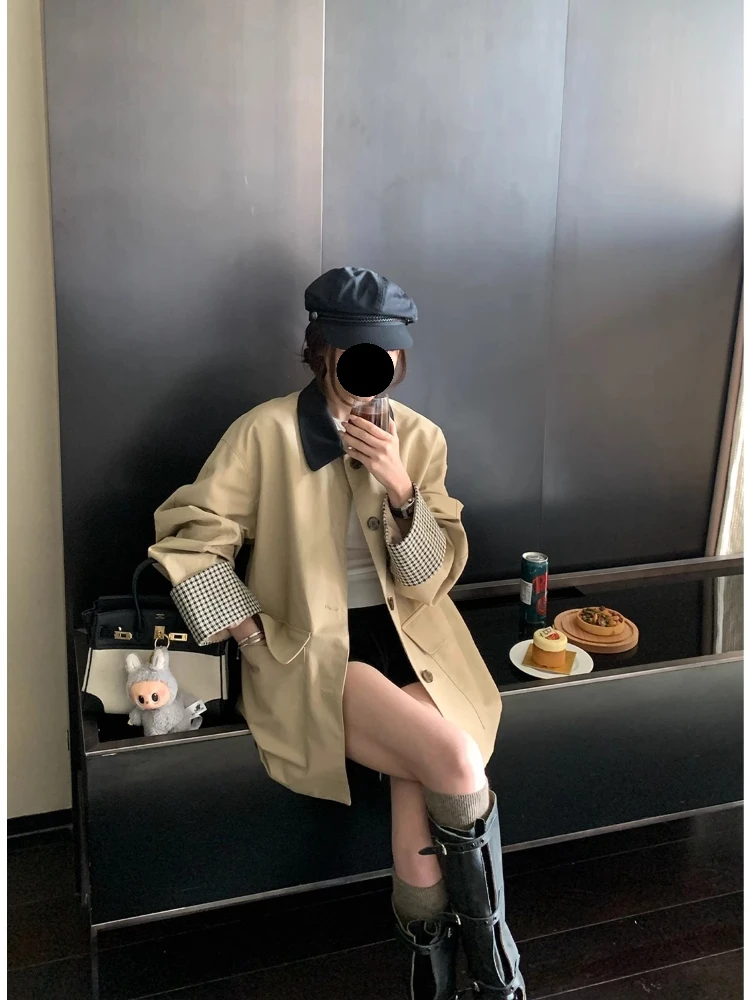 

Осенний Y2k корейский модный шикарный клетчатый узор сращивание дизайн японский кавайный стиль консервативный женский плащ женская одежда