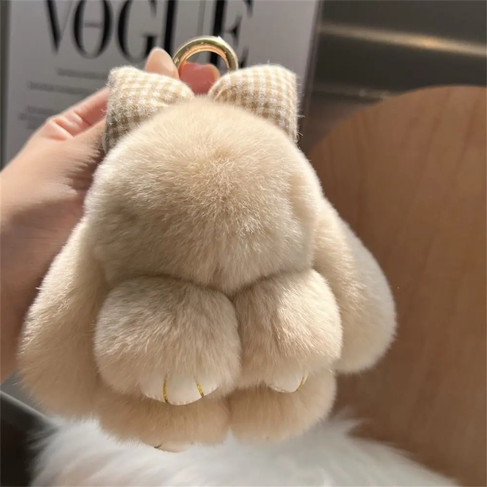 Hair Bow Rabbit Fur Keychain Cute Fluffy Plush Dolls Bunny Keychain Bag Charm Alloy Ring Plush Rabbit Key Ring Car Key Chain