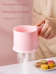 Zackoo Flour Mesh Sifter Cup Escorredor Handheld Semi-automatic Sugar Shaker Fine Mesh Strainer Pink Kitchen Baking Sieve Tools