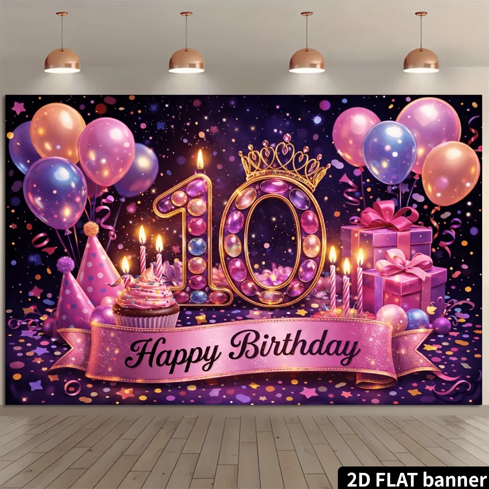 2D plane 10th birthday party banner background - A dreamy purple and pink birthday theme, featuring gemstone-embedded number DJH