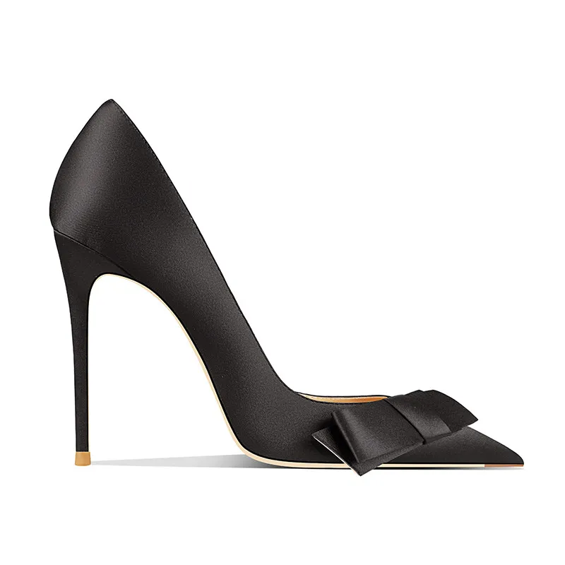 Silk new pointed thin heel bow high heels, feminine temperament, high-end comfort, shallow mouth single shoes