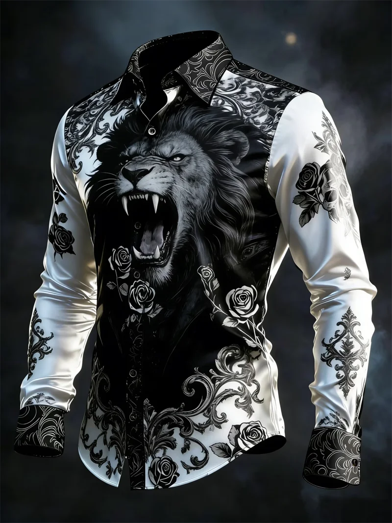 New Black Satin Silver Feather Carved Print men's Long Sleeved Shirt Light Luxury Business Casual Slim Fit Shirt