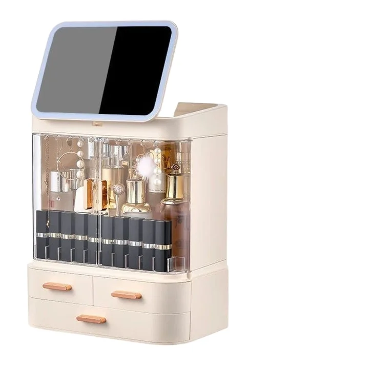 

Multifunctional Desk Dust-proof Makeup Organizer Cosmetic Storage Box with Light Emitting Diode Mirror