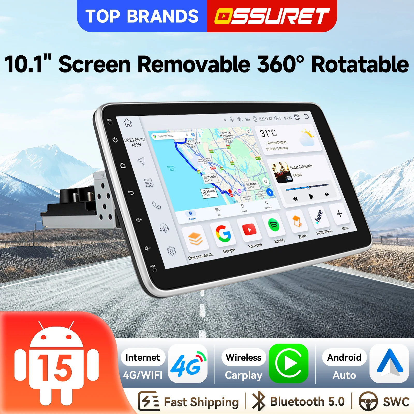 OSSURET 10,1 Zoll 1 Din Android 15 Autoradio GPS 7862 Navigation unterstützt Wireless CarPlay Android Auto Bluetooth FM WiFi 4G RDS DSP Audio-Video-Player Head Unit AI Offline-Karte Touchscreen 360 °