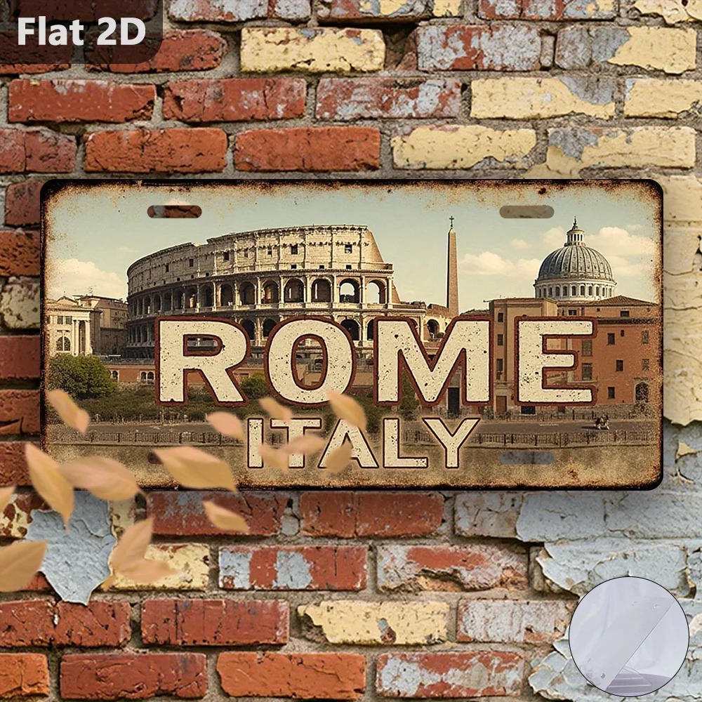 2D Flat Design, a Vintage Italian Roman Metal Wall Decoration - Large 12X5.9 Inch Nostalgic License Plate Featuring The Colosseu
