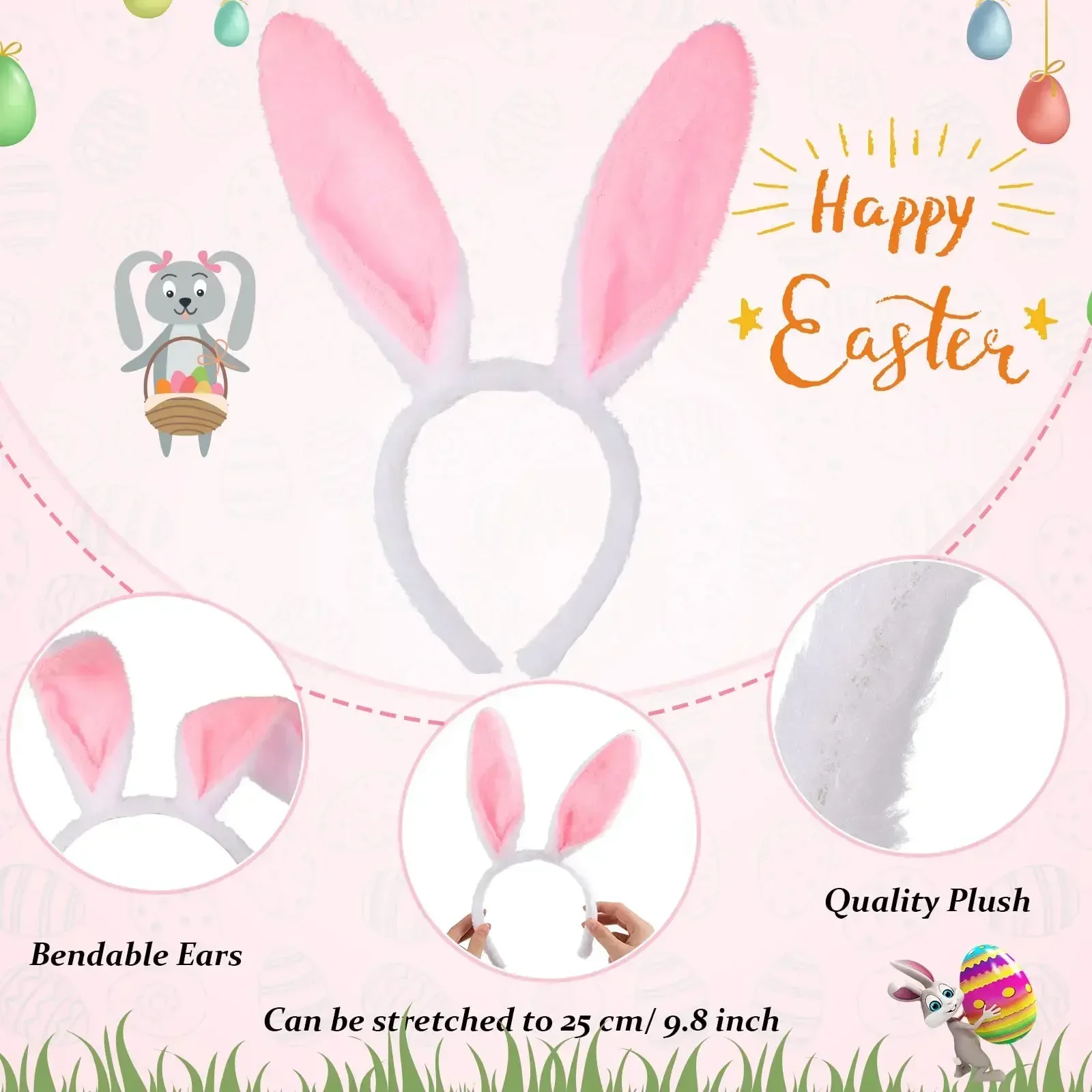Easter Bunny Ears Headband Fluffy Plush Hair Band Costume Party Favor Accessory for Women Girls Holiday Celebration