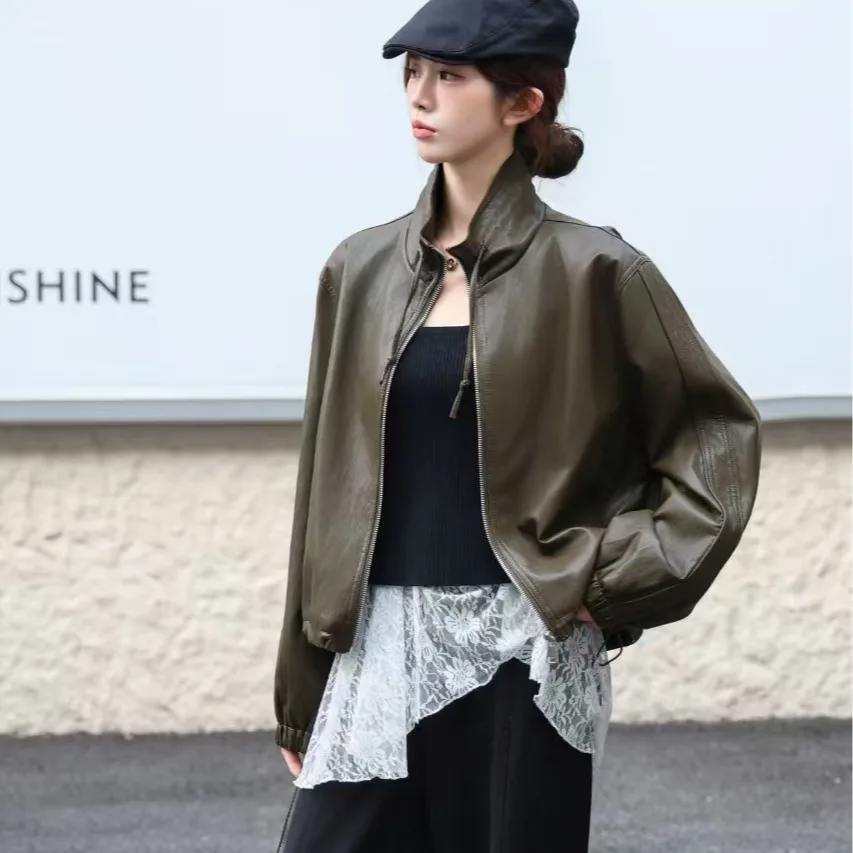 عارضة الوقوف طوق الرباط بو الجلود Jaet المرأة ملابس خارجية الراقية الأوروبية Sle الخريف الشتاء Faion تخفيف الرياح