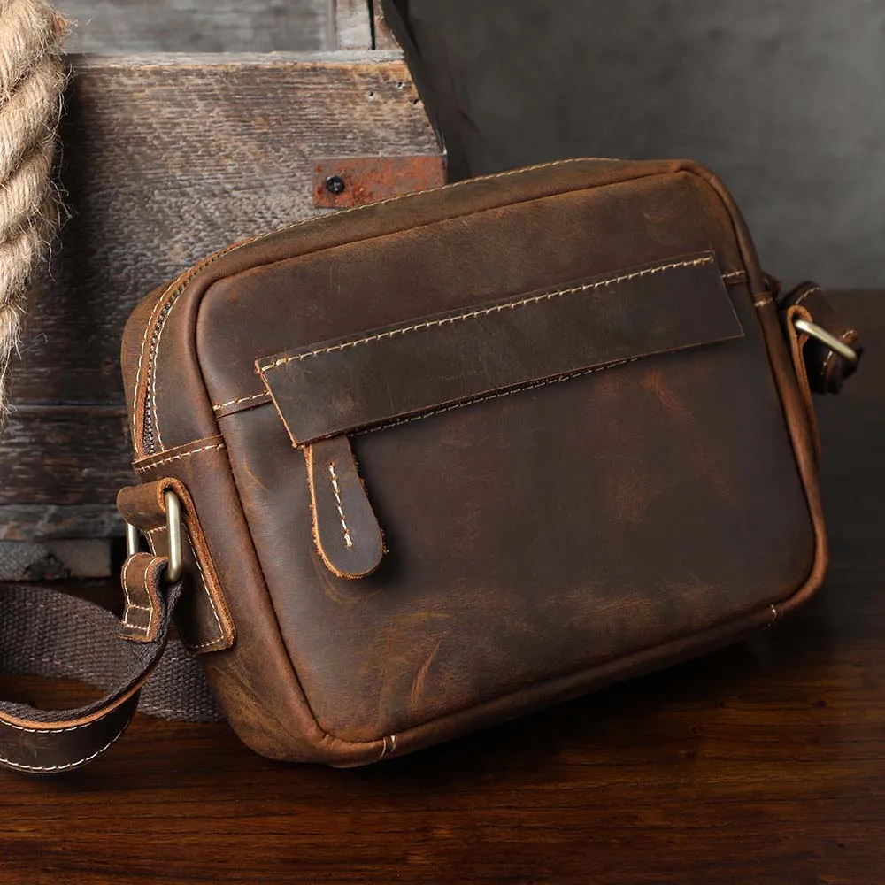 S.WORKER Vintage-Umhängetasche aus Vollnarbenleder, Herren-Schultertasche, Mini-Handy- und Schlüsseltasche – Detail 9