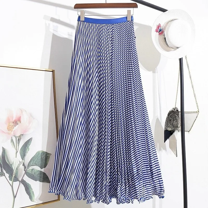 กระโปรงยาวทรงเอพลีทลายทางสีแดงสไตล์วินเทจสำหรับผู้หญิง เอวสูง ทรงหลวม สไตล์ลำลอง กระโปรงยาวพลิ้วไหว  ชุดฤดูใบไม้ผลิ/ฤดูร้อน 2026