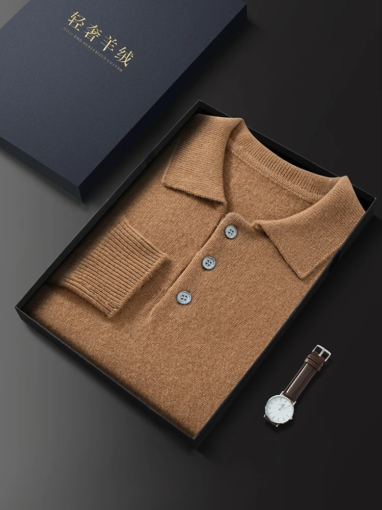 Autumn Winter Men's 100% Cashmere Polo Sweater Basic Smart Casual Long Sleeve Pullover Cashmere Knitwear Soft Comfy Clothing Top