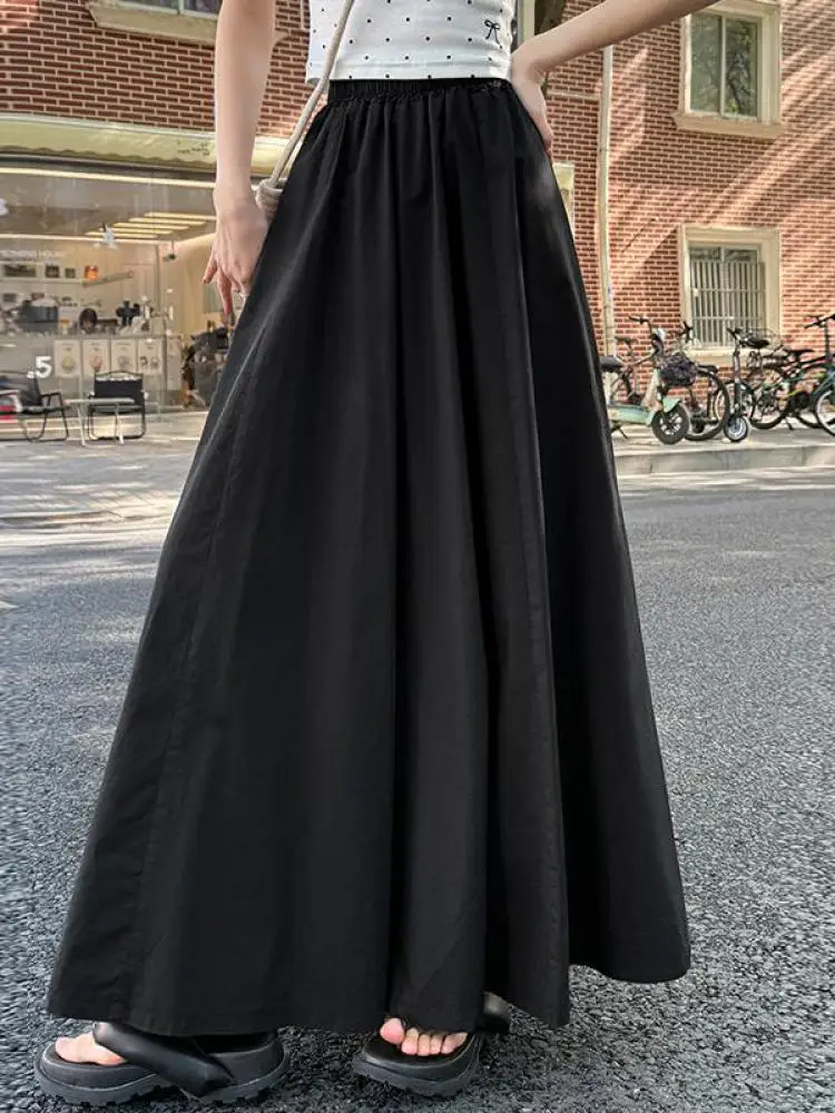 Jupe longue surdimensionnée pour femmes, noire et blanche, élégante, mode française, marron, taille haute, demi-jupe plissée, populaire, printemps été