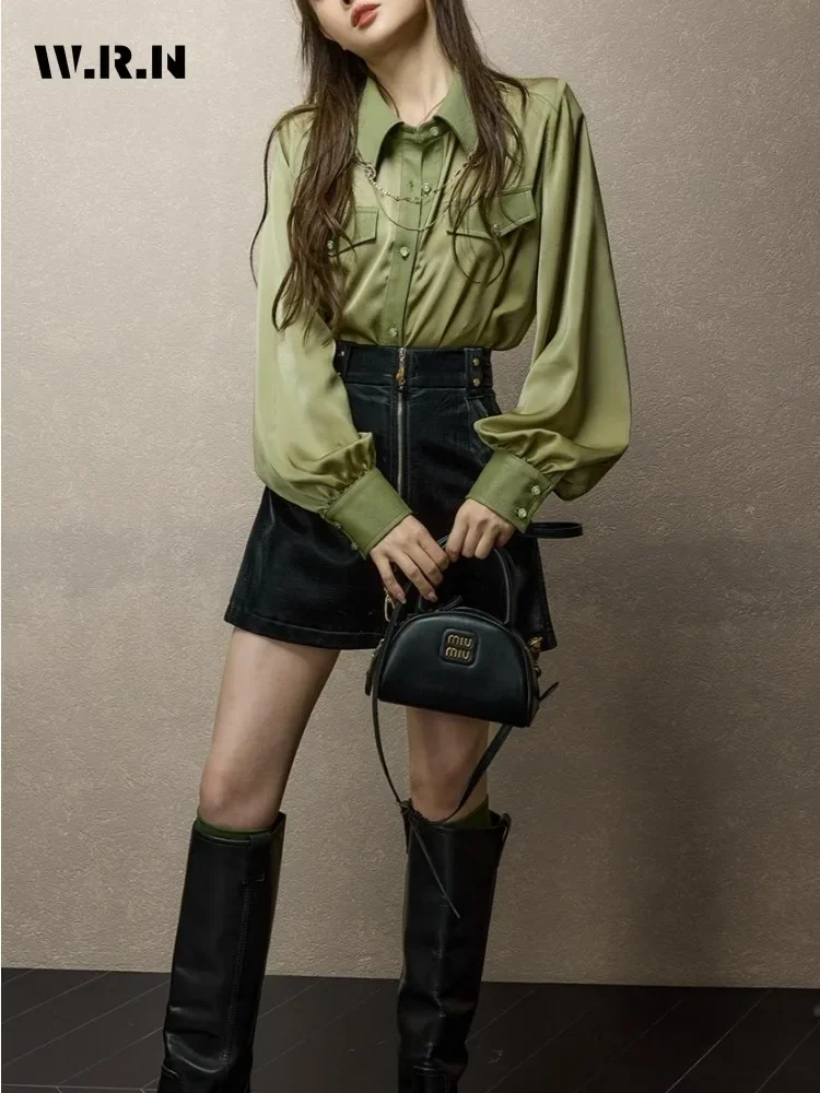 Casual zielone miękkie eleganckie koszule z długim rękawem i kołnierzykiem 2024, wiosenne, damskie, klasyczne, biurowe, damskie bluzki w jednolitym kolorze