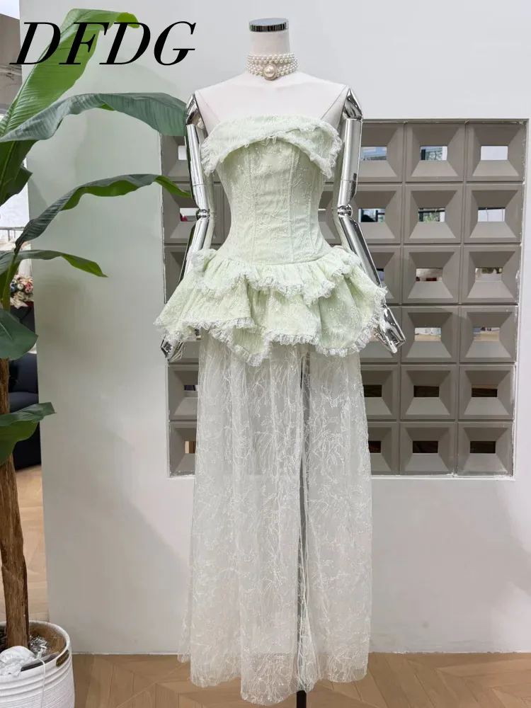 Dfdg feminino primavera luz verde sem alças espartilho vestido em camadas plissado elegante festa formal wear 2025 na moda roupa feminina vestido