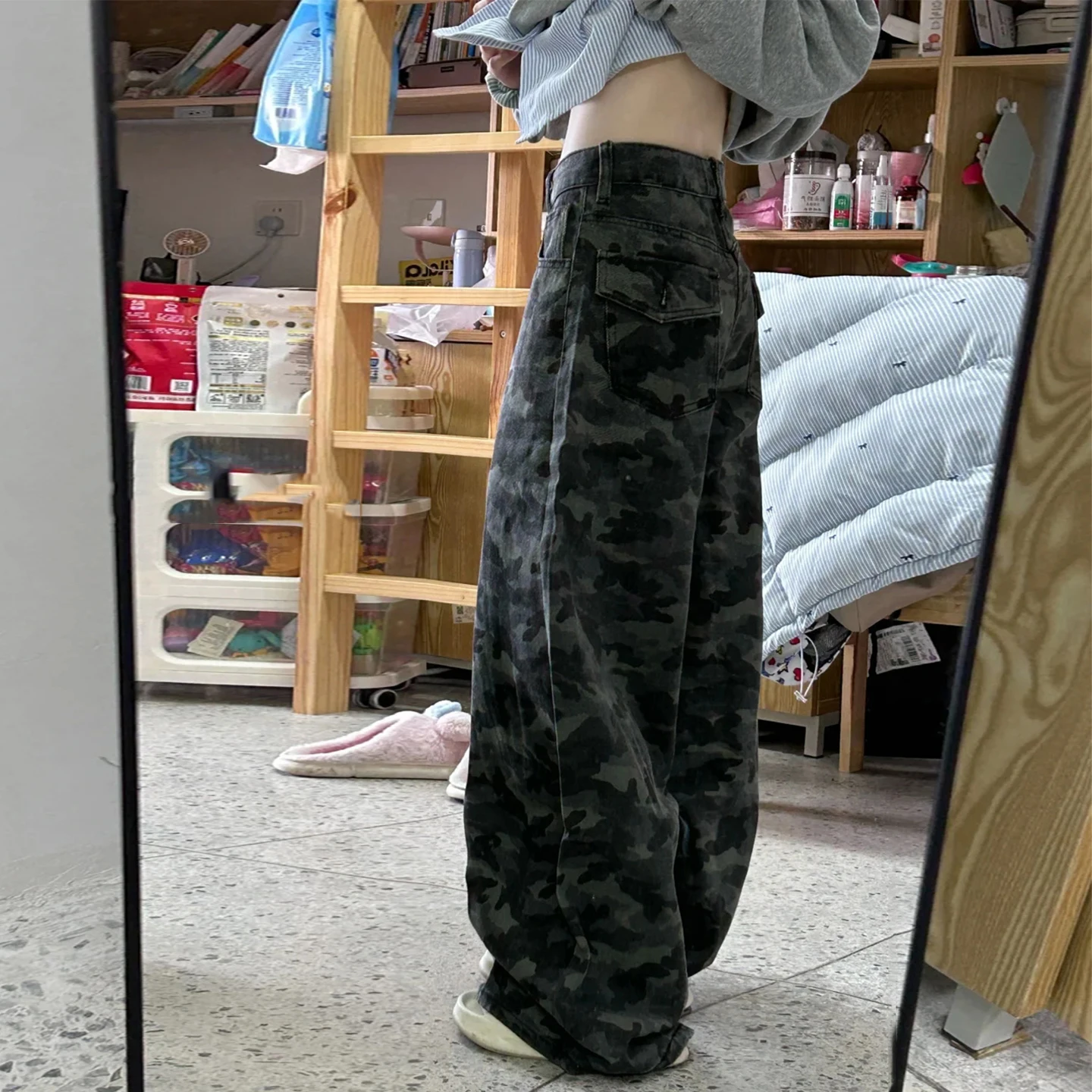 

American Style Retro Camouflage Wide Leg Workwear Jeans Women's Spicy High Waist Loose Slimming Floor-Length Straight Pants