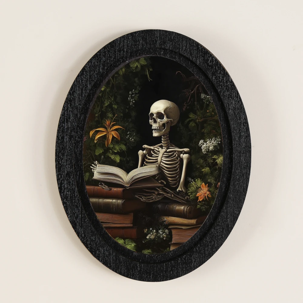 Cross - border Halloween - themed Decoration, Presenting Elements of a Skeleton Reading and Green Plants, Matched with a Retro B