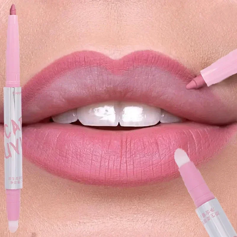 Double-end Matte Contouring Lip Liner Pen Long Last Smooth Non-stick Cup Moisturising Lipstick Pencil with Brush Beauty Cosmetic