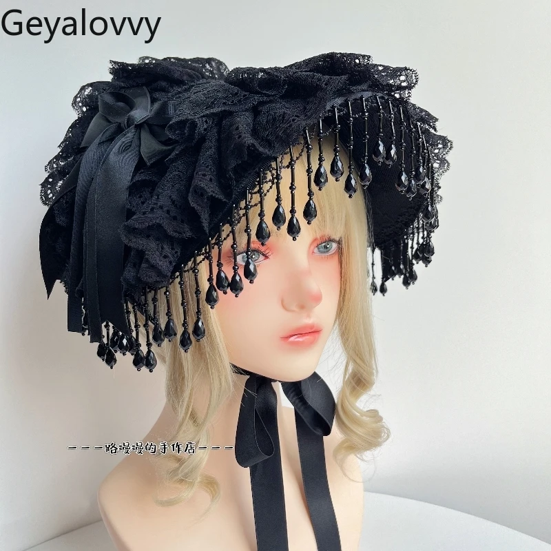 

Original Lolita Handmade Gothic Hat Japanese Sweet Girls Versatile Black Pearl Tassel Lace Bow Feather Photo Accessories
