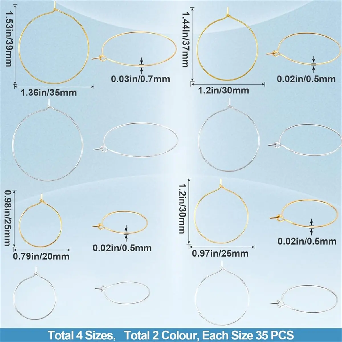 T28C! 280pcs Hypoallergenic Earring Beading Hoops, 20mm 25mm 30mm 35mm Round Hoop Earrings Findings,for Jewelry Making