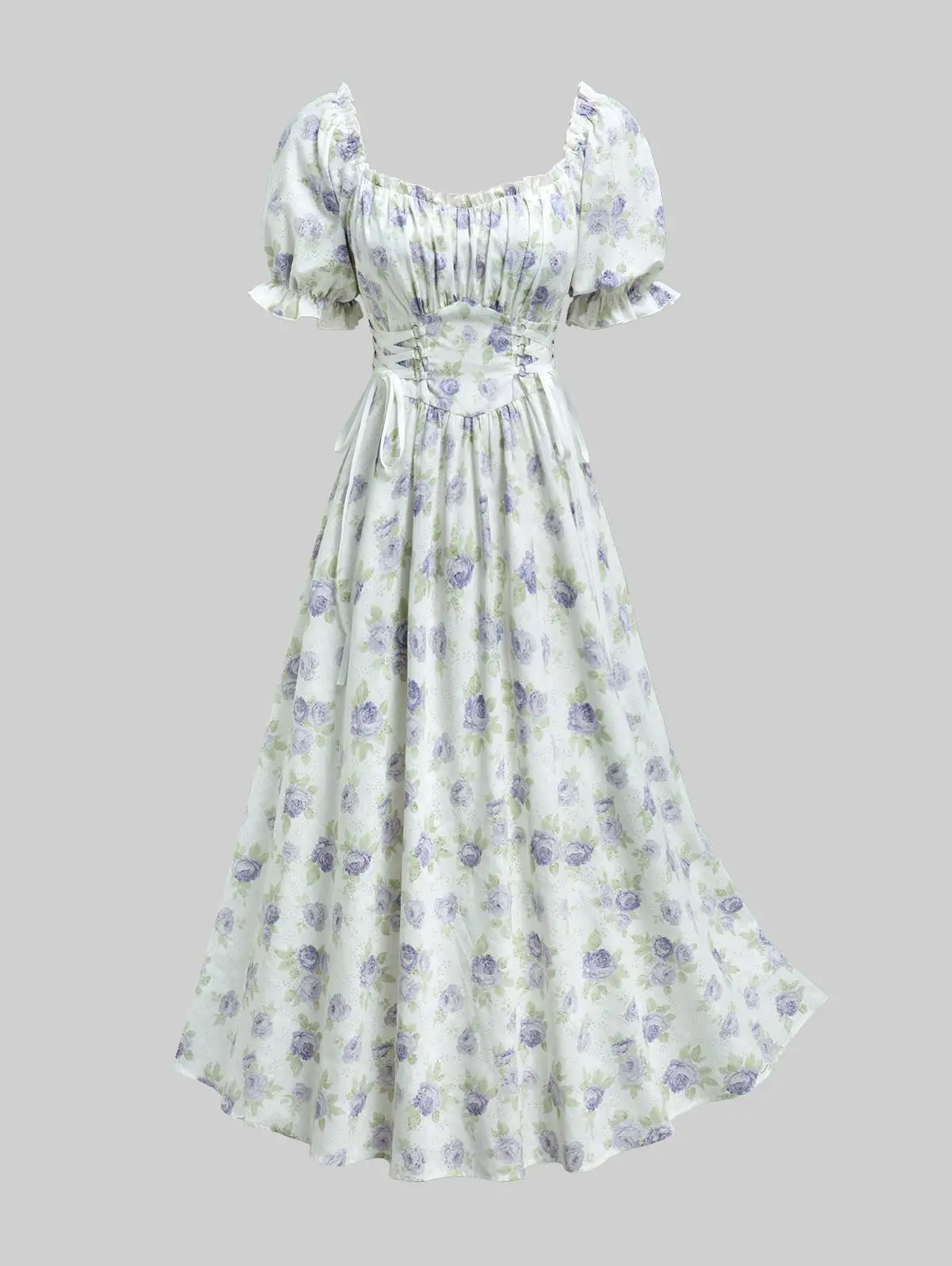 

ROSEGAL Plus Size Women's Dress Flower Leaf Print Lace-Up Puff Sleeves Convertible Collar Elegant Romantic Fashion Dresses