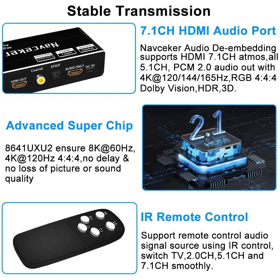 Navceker 8K 60Hz HDMI Audio Extractor 4K 120Hz RGB 4:4:4 HDMI 2.1 Audio Splitter Converter 7.1 Atmos De-embed for PS5 XBox