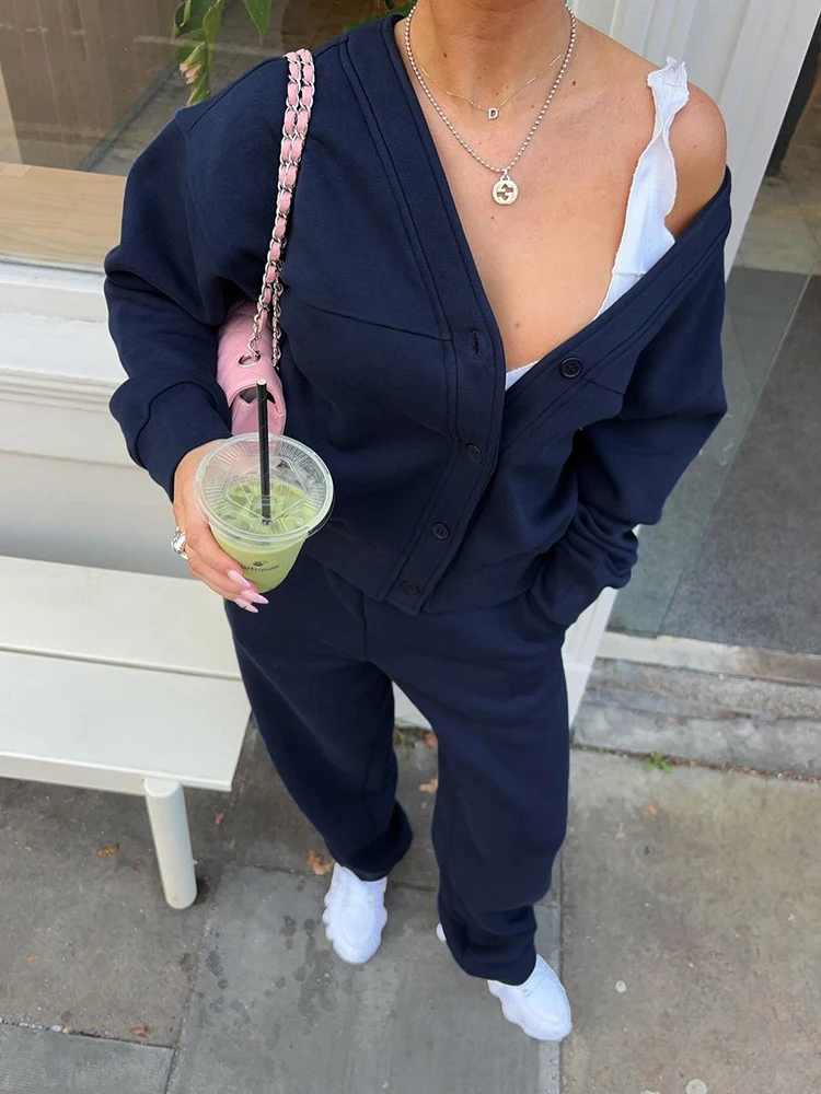 

Cutenew Casual Tracksuits 2Piece Set V-Neck Single Breasted Jacket+Drawstring Pants Matching Simple Streetwear Sporty Outfits