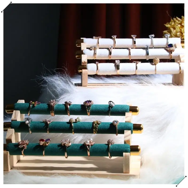 Porta anelli per espositori per gioielli in legno a 3 livelli, espositore per vetrine per gioielli con barra a T e organizer