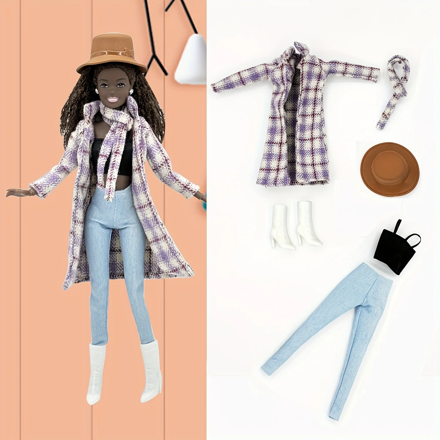 11. مجموعة ملابس دمية أنيقة وأنيقة مقاس 5 بوصات تتضمن معطفًا وسراويل طويلة وإكسسوارات وقبعة الأميرة وأحذية طويلة وأحذية. #3