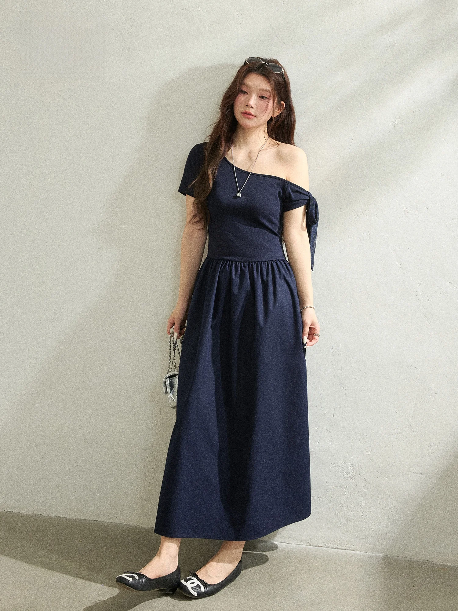 

plus Size Blue Long Dress Women's Fashion Shoulder Bared Waist Cinched Maternity Dress Korean Style Commute Wind A-Line Skirt