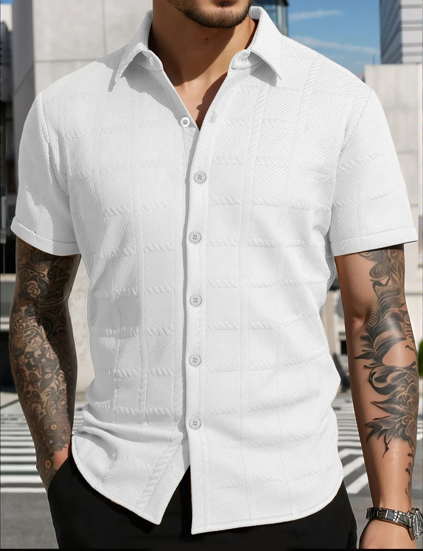 

Men's Summer Jacquard Turn-Down Collar Solid Color Short Sleeve Shirt Casual Vacation Knitted Fashion Breathable Cardigan Tops