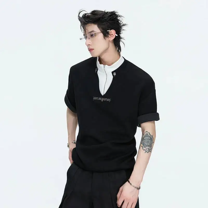 LUZHEN 2026 Summer Metal Logo Patchwork Double Collar Short Sleeve T-shirts Men's Fashion Handsome Round Neck Male Tops JY6534