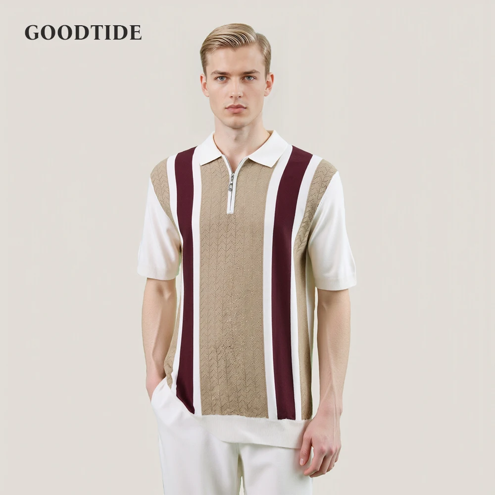 Streetwear Button-down Breathable Striped Fashion Light Luxury Retro Shirts Men's Summer Business Knit Short Sleeve Polo Shirts